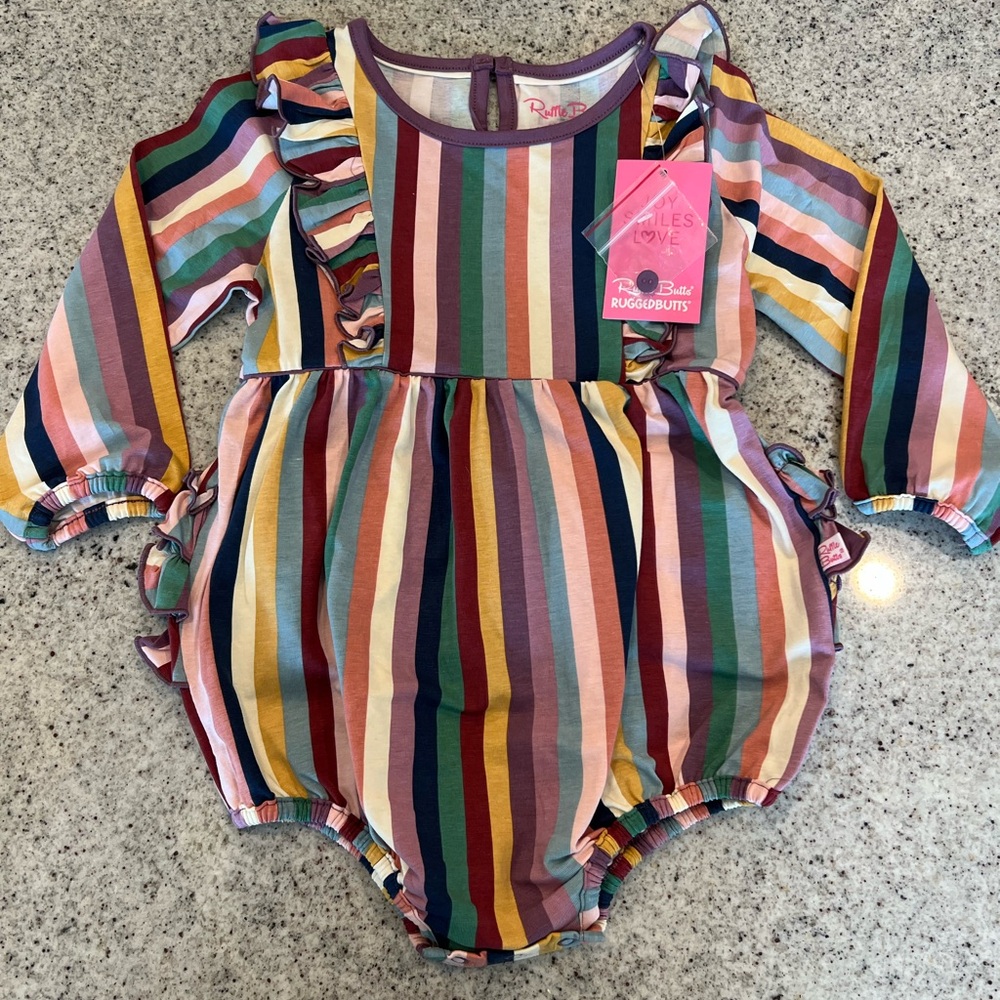 Ruffle Butts Multi-Color Striped Ruffle Long Sleeve Bubble Romper